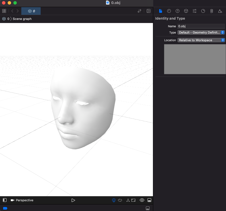 Xcode で obj ファイルを開き、顔のメッシュが表示されている様子