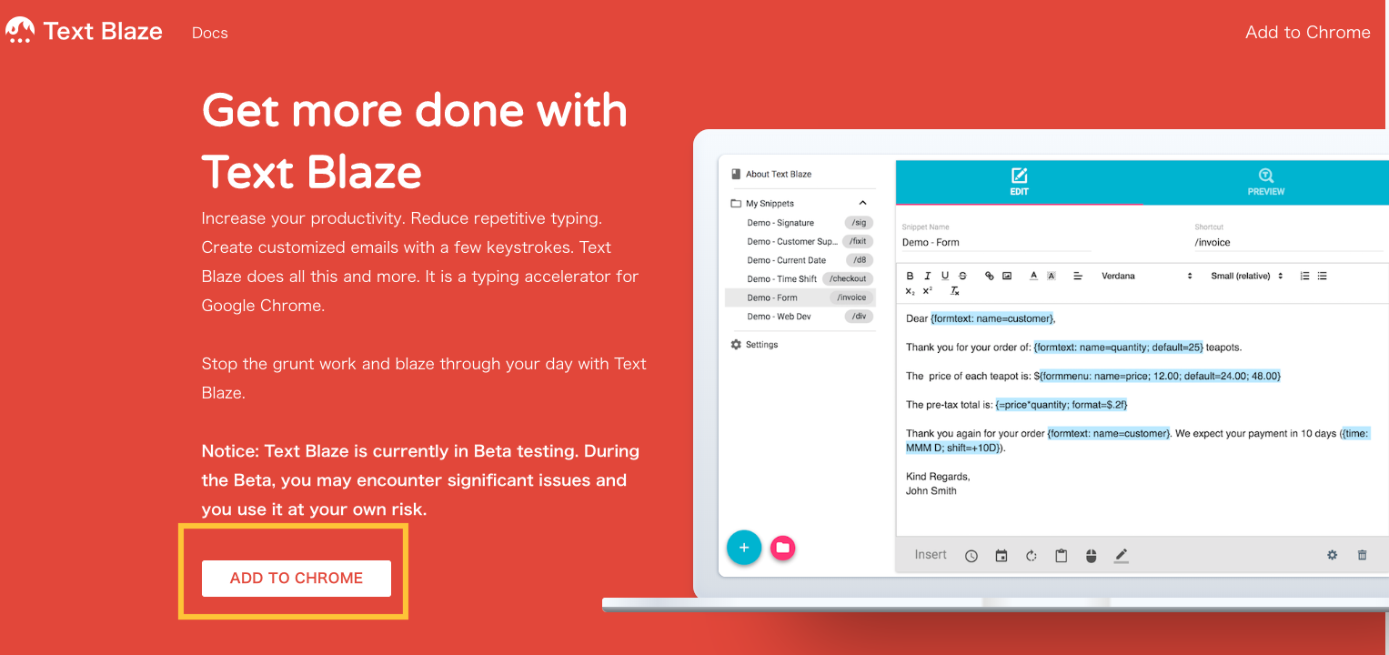 Text Blaze のトップページ。Add to Chrome ボタンが強調されている