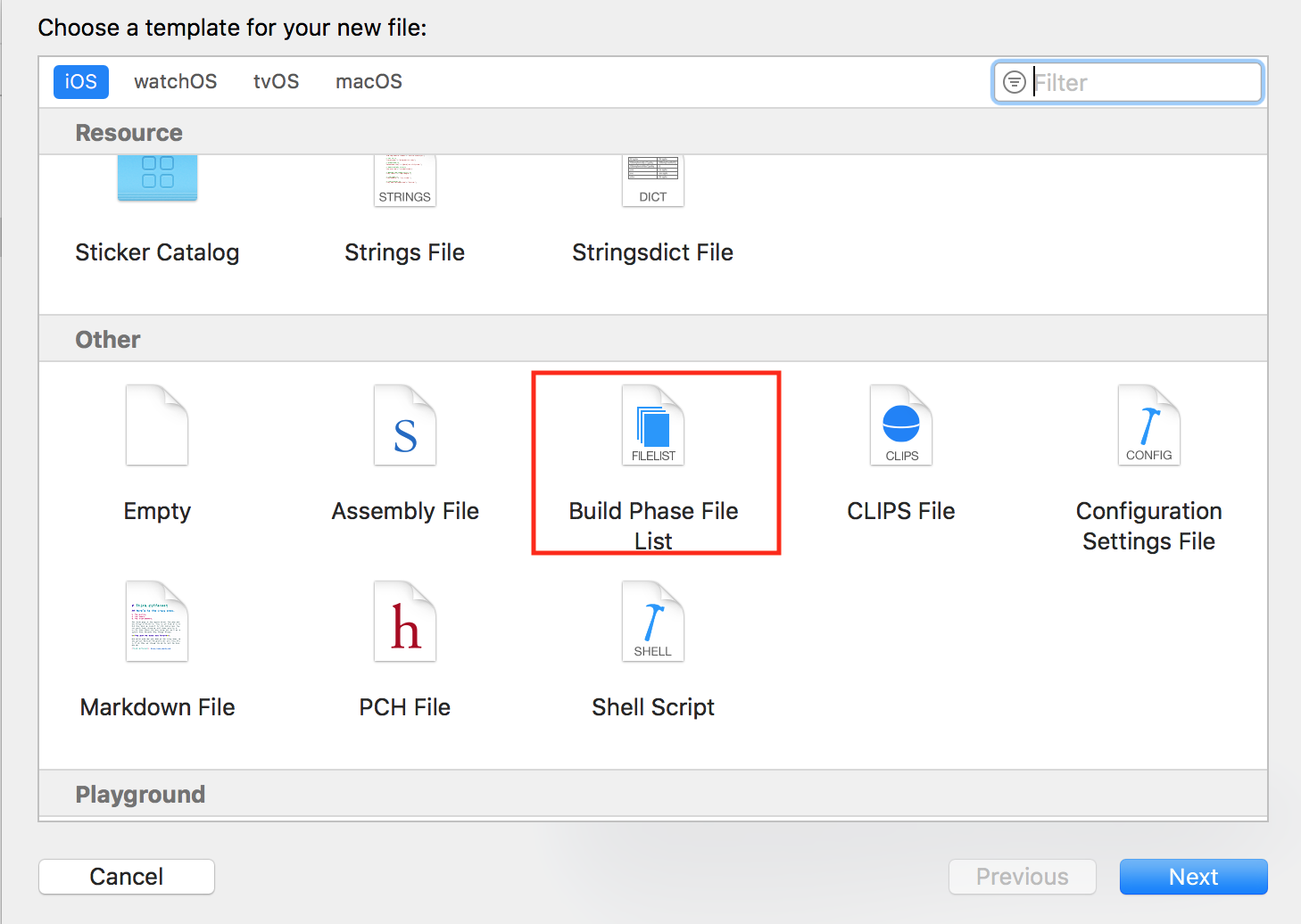 Xcode の新規ファイルテンプレート選択画面。Other の中の Build Phase File List が強調されている