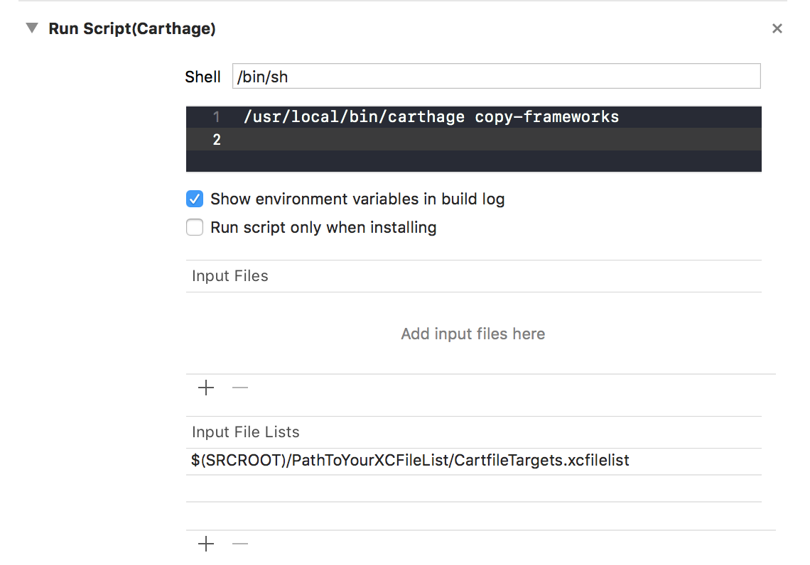 Xcode の Run Script(Carthage) 設定。Input Files が空になり、Input File Lists に xcfilelist が 1 行だけ入っている