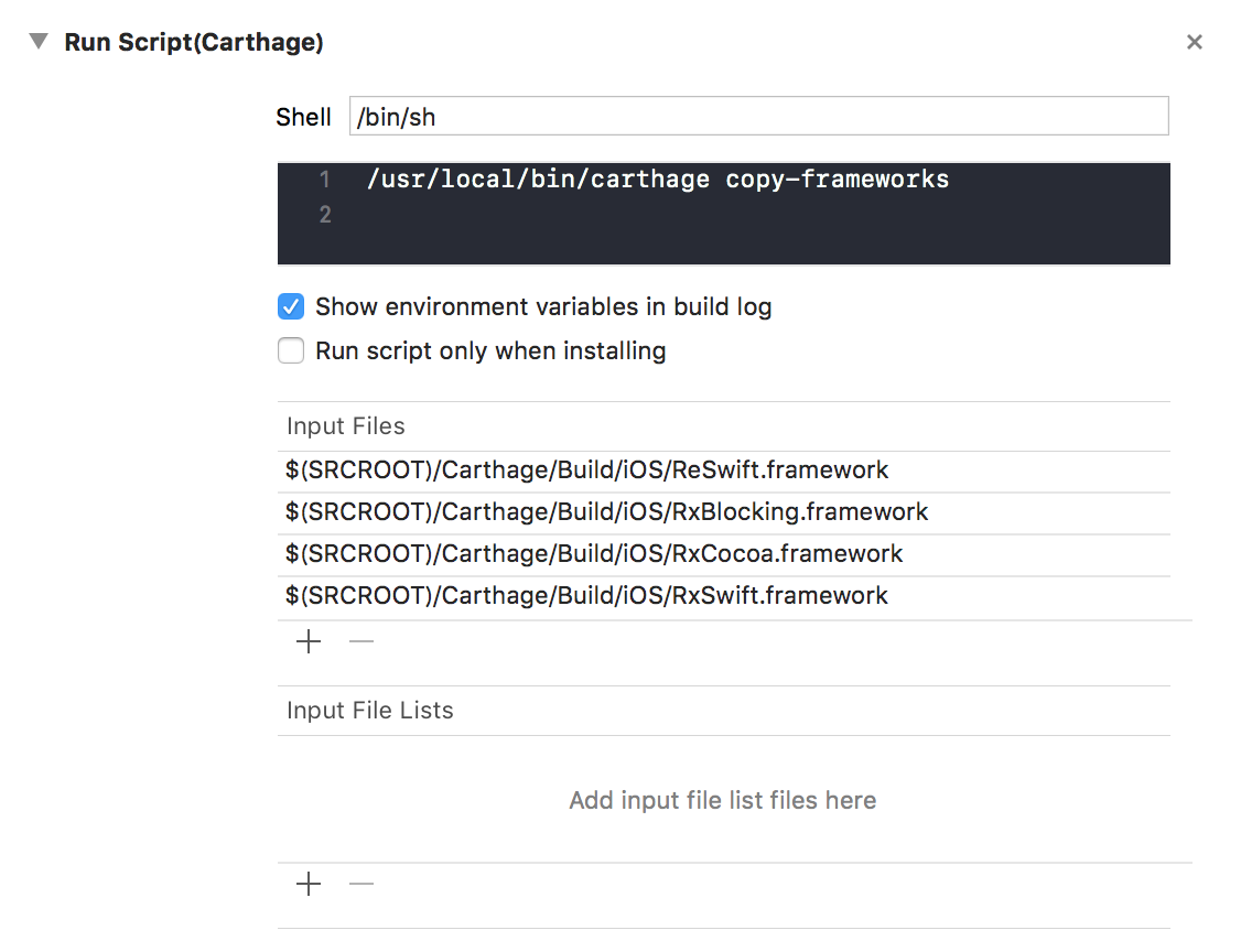 Xcode の Run Script(Carthage) 設定。Input Files にフレームワークのパスが 4 行並んでいる